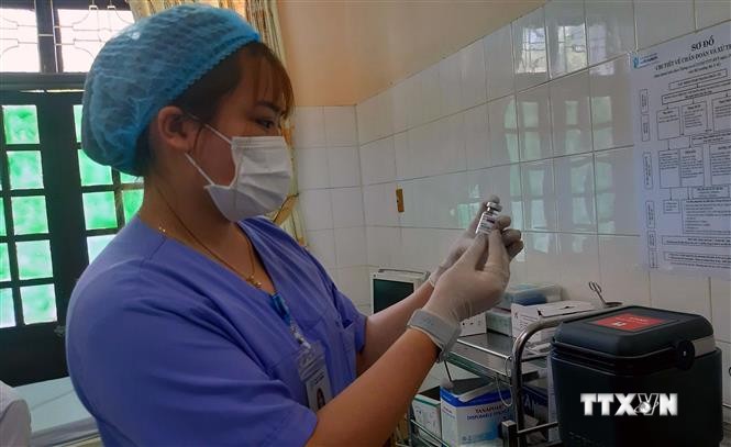 Kiểm tra vaccine phòng COVID-19 trước khi tiêm. Ảnh: Nguyễn Chinh - TTXVN
