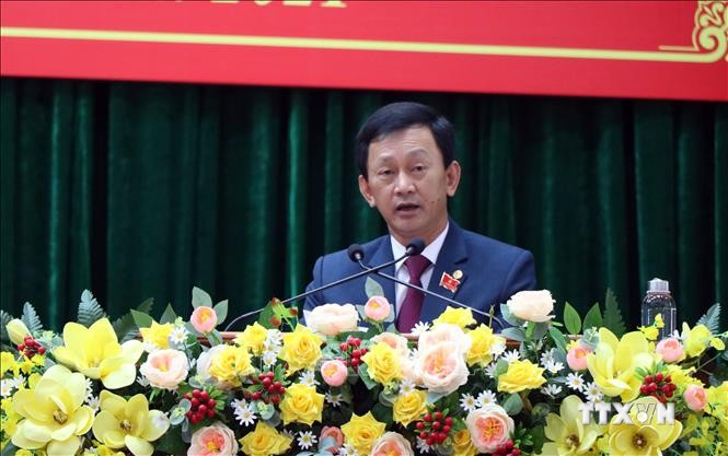 Ông Dương Văn Trang, Ủy viên Ban chấp hành Trung ương Đảng, Bí thư Tỉnh ủy phát biểu sau khi được tính nhiệm bầu giữ chức Chủ tịch HĐND tỉnh Kon Tum nhiệm kỳ 2021-2026. Ảnh: Cao Nguyên-TTXVN 