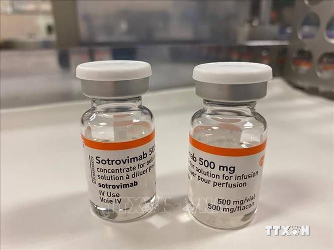 Liệu pháp điều trị kháng thể Sotrovimab cho bệnh nhân COVID-19, do Công ty dược GlaxoSmithKline (Anh) và Công ty Vir Biotechnology (Mỹ) sản xuất. Ảnh: The National/TTXVN