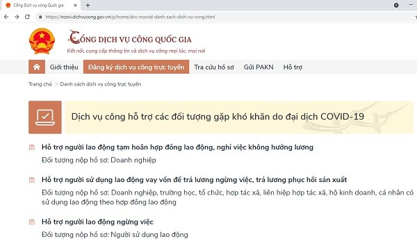 Dịch vụ công trực tuyến hỗ trợ người dân, DN chịu ảnh hưởng, gặp nhiều khó khăn do COVID-19 tại địa chỉ: ncovi.dichvucong.gov.vn. Nguồn:baochinhphu.vn
