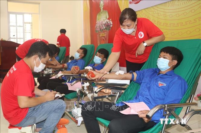 Lực lượng đoàn viên thanh niên tham gia hiến máu tính nguyện. Ảnh: Chu Hiệu - TTXVN
