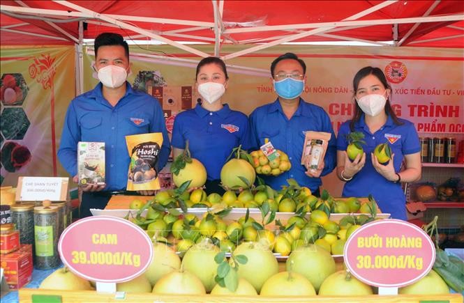 Tỉnh đoàn Sơn La giới thiệu các mặt hàng nông sản của tỉnh Sơn La . Ảnh: Quang Quyết-TTXVN