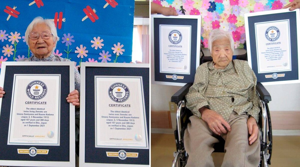 Hai cụ bà Umeno Sumiyama (trái) và Koume Kodama được công nhận kỷ lục Guinness là cặp sinh đôi cùng trứng cao tuổi nhất thế giới. Ảnh: AP
