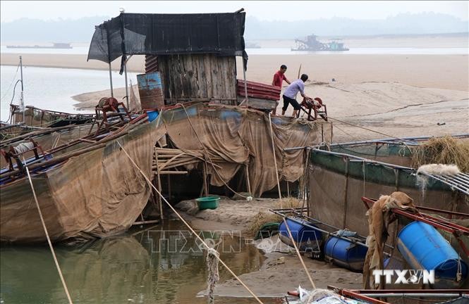 Nước cạn khiến nhiều lồng và nhà bè nổi trên cát, người dân mong nhà máy thủy điện Hòa Bình xả nước để hạn chế cá chết. Ảnh: Trung Kiên - TTXVN.
