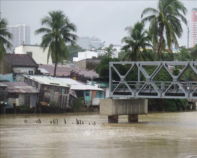 Mưa lớn kéo dài nước lũ sông  dâng cao gây ngập lụt tại một số khu dân cư. Ảnh: Phạm Cường - TTXVN