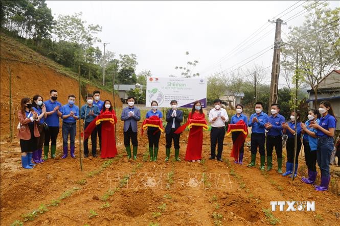 Trồng và trao tặng 500 cây xanh cho các hộ gia đình có hoàn cảnh khó khăn của xã Trung Yên. Ảnh: Nam Sương - TTXVN
