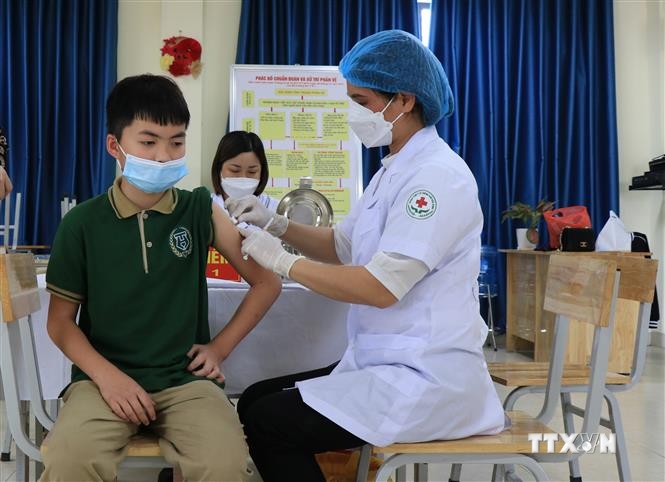 Tiêm vaccine phòng COVID-19 cho học sinh Trường TH và THCS Hoàng Hoa Thám, thành phố Bắc Ninh. Ảnh: Đinh Văn Nhiều-TTXVN
