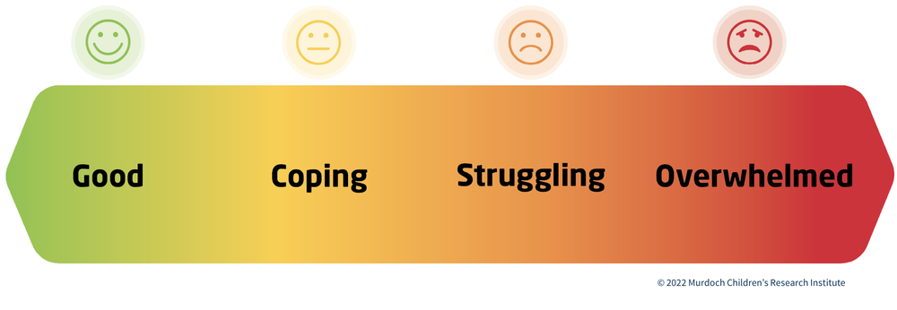 Công cụ Mental Health Continuum hoạt động dựa trên việc cung cấp thang chấm điểm 4 cấp độ (từ trái sang phải) "tốt", đang thích ứng", "đang gặp khó khăn" và "quá sức chịu đựng". Ảnh: rch.org.au