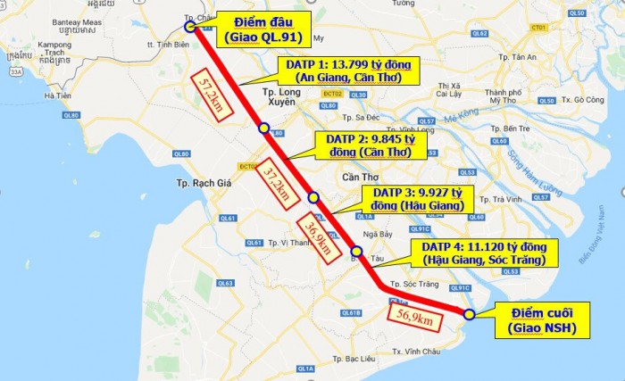 Dự kiến hướng tuyến dự án cao tốc Châu Đốc - Cần Thơ - Sóc Trăng. Ảnh: baogiaothong.vn
