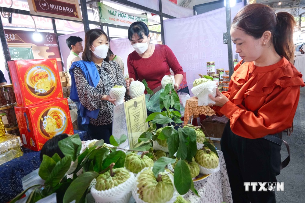 Quả na giống Thái canh tác ở nông trường sông Hậu (huyện Cờ Đỏ, thành phố Cần Thơ) được giới thiệu tại hội chợ. Ảnh: Thanh Liêm - TTXVN
