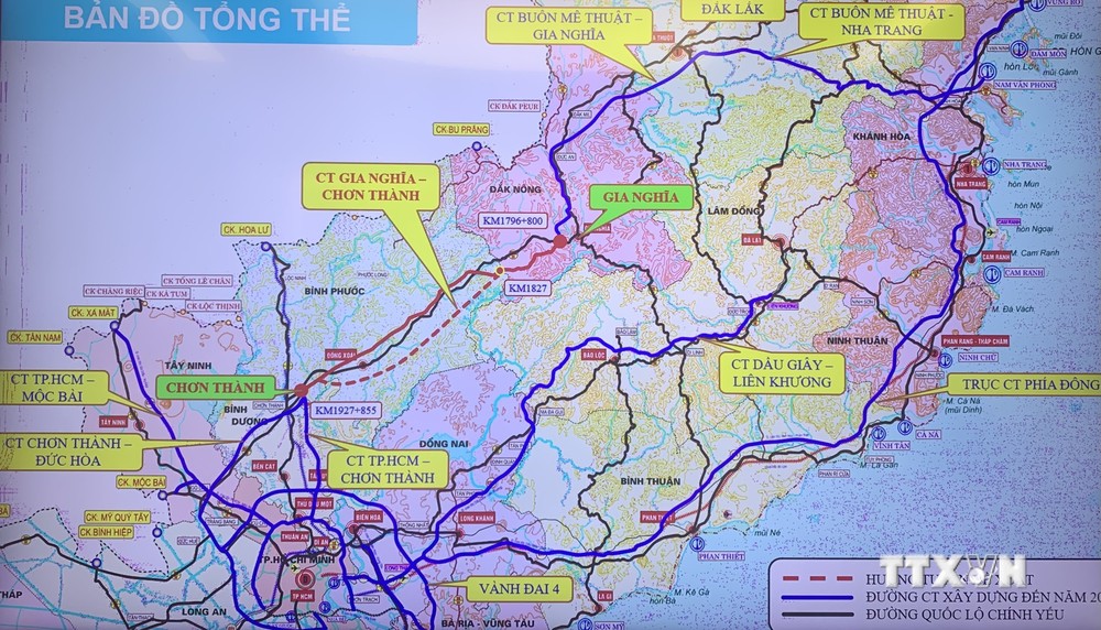 Bản đồ hướng tuyến dự án cao tốc Gia Nghĩa (Đắk Nông)-Chơn Thành (Bình Phước). Ảnh: Dương Giang-TTXVN